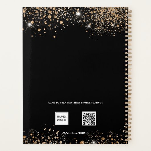 Zwarte goudluipaard dierglittermonogram 2023 planner (Achterkant)