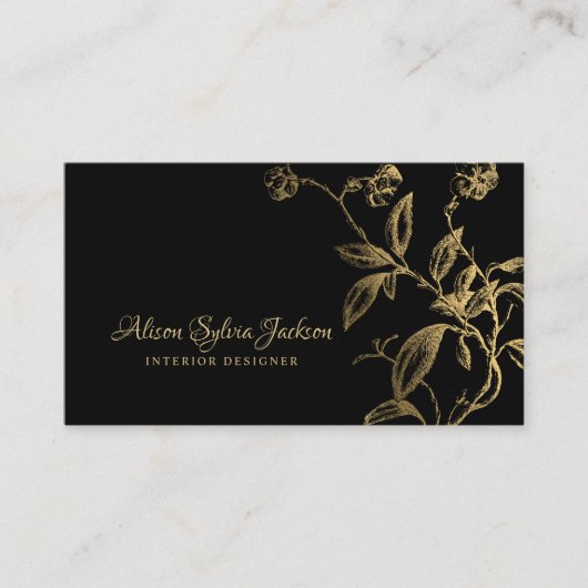 Zwarte goudluxelegant botanische bladeren visitekaartje (Voorkant)