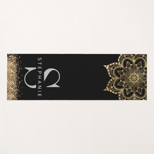 zwarte goudmandala op monogram yogamat (Voorkant (horizontaal))