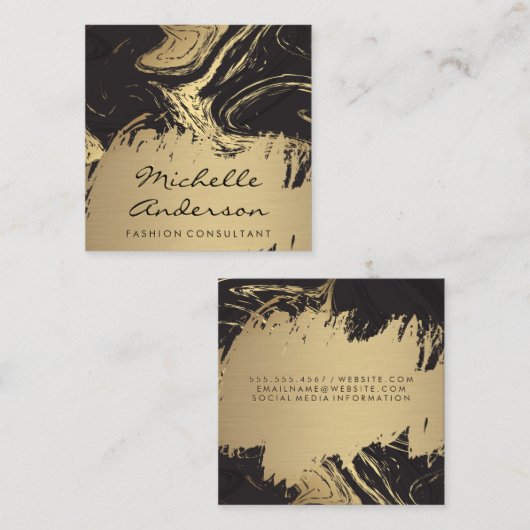 Zwarte goudmarmer | Goudpenseel metaal Vierkante Visitekaartje (Voorkant / Achterkant)