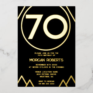 Zwarte & goudmoderne Mannen of vrouwen 70e verjaar Folie Uitnodiging