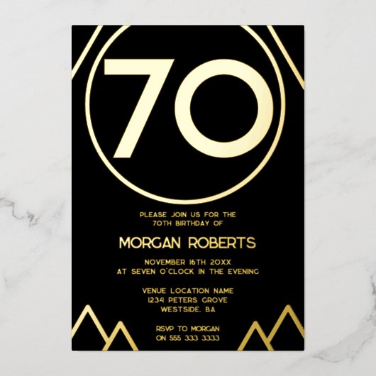 Zwarte & goudmoderne Mannen of vrouwen 70e verjaar Folie Uitnodiging (Voorkant)