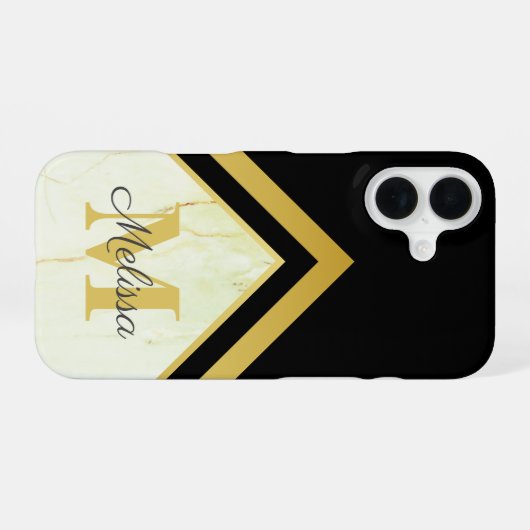 Zwarte goudmonogram Geometrische marmer iPhone 16 Hoesje (Achterkant horizontaal)