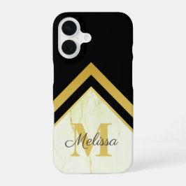 Zwarte goudmonogram Geometrische marmer iPhone 16 Hoesje