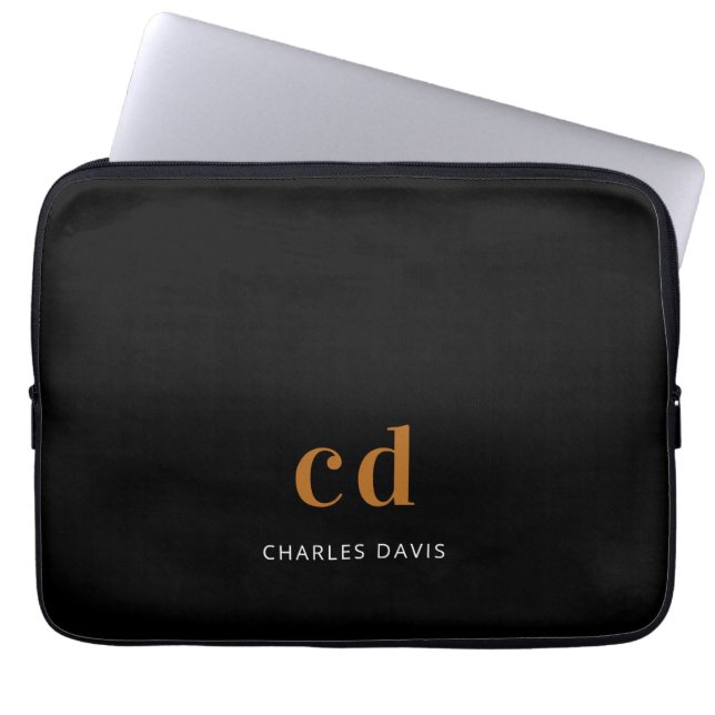 Zwarte goudmonogram, initails, naam minimalistisch laptop sleeve (Voorkant)