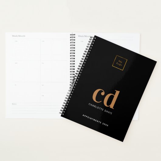 Zwarte goudmonogram initiaal logo planner (Display)