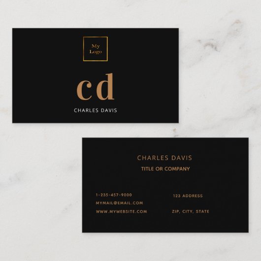 Zwarte goudmonogram initiaal logo visitekaartje (Voorkant / Achterkant)