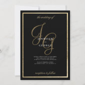 Zwarte goudmonogram initialen romantische bruiloft kaart (Voorkant)