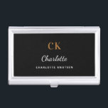 Zwarte goudmonogram naam elegant modern visitekaarthouder<br><div class="desc">Een klassieke zwarte achtergrond. Pas uw voornaam,  monogram initialen en volledige naam aan en voeg deze toe. Moderne,  trendy en simpel.</div>