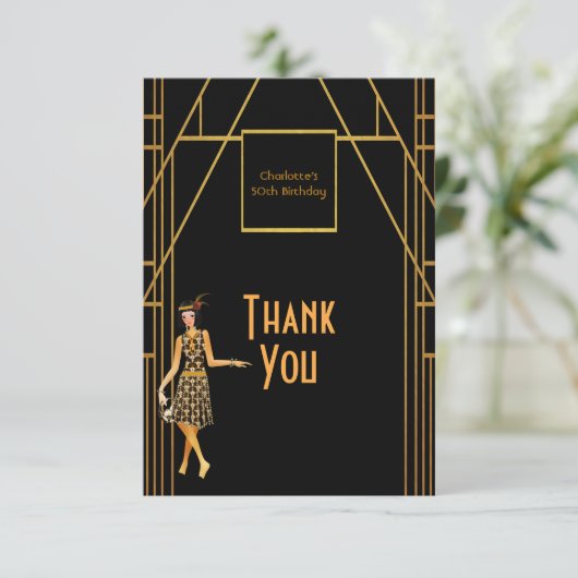 Zwarte goudretro van 1920 op het feestje van Birth Bedankkaart (Staand voorkant)