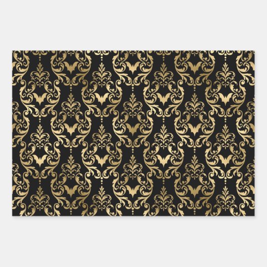 Zwarte & goudschedel, vleermuizen en  Damask Hallo Inpakpapier Vel (Voorkant 2)