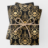 Zwarte & goudschedel, vleermuizen en  Damask Hallo Inpakpapier Vel (In situ)