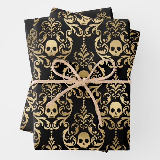 Zwarte & goudschedel, vleermuizen en Damask Hallo Inpakpapier Vel (In situ)