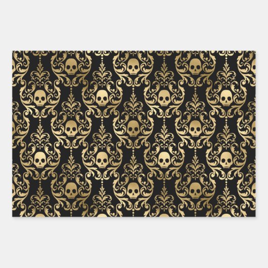Zwarte & goudschedel, vleermuizen en Damask Hallo Inpakpapier Vel (Voorkant)