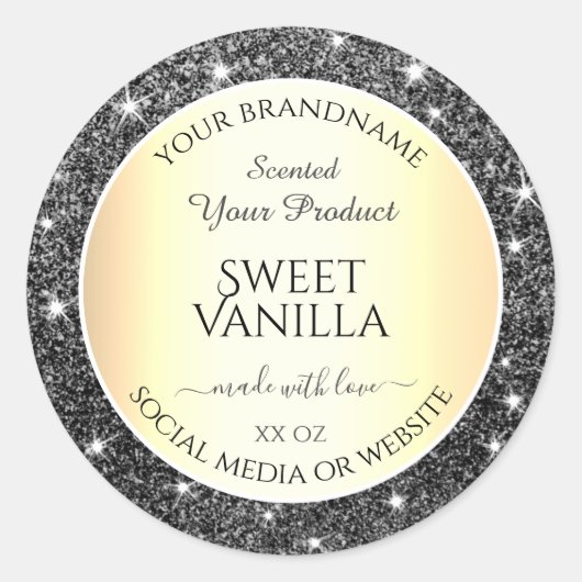 Zwarte goudsparkle Zilver Glitter-productetiketten Ronde Sticker (Voorkant)
