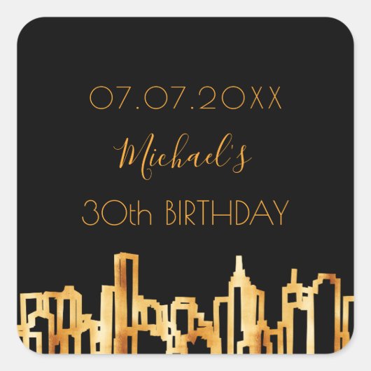 Zwarte goudstad skyline modern vierkante sticker (Voorkant)