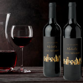 Zwarte goudstad skyline modern wijn etiket