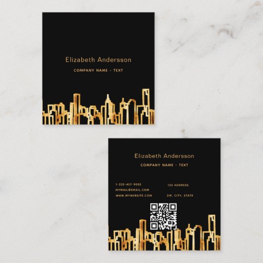 Zwarte goudstad skyline moderne qr-code vierkante visitekaartje (Voorkant / Achterkant)