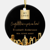 Zwarte goudstad skyline onroerend goed logo keramisch ornament (Voorkant)