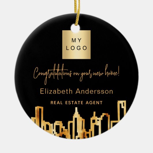 Zwarte goudstad skyline onroerend goed logo keramisch ornament (Voorkant)