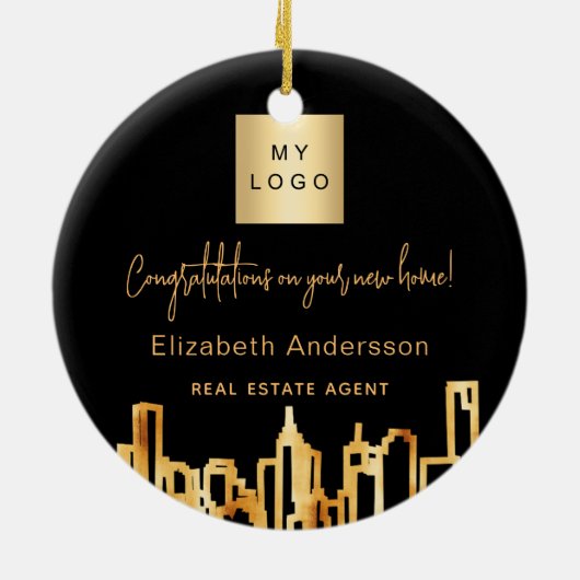 Zwarte goudstad skyline onroerend goed logo keramisch ornament (Achterkant)