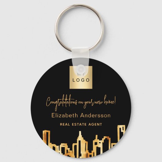 Zwarte goudstad skyline onroerend goed logo sleutelhanger (Voorkant)