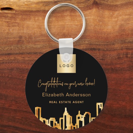Zwarte goudstad skyline onroerend goed logo sleutelhanger (Voorkant)