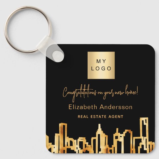 Zwarte goudstad skyline onroerend goed logo sleutelhanger (Voorkant)
