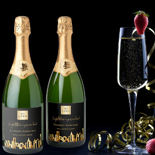 Zwarte goudstad skyline onroerend goed logo sparkling wijnetiket