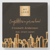 Zwarte goudstad skyline onroerend goed logo stenen onderzetter (Voorkant)