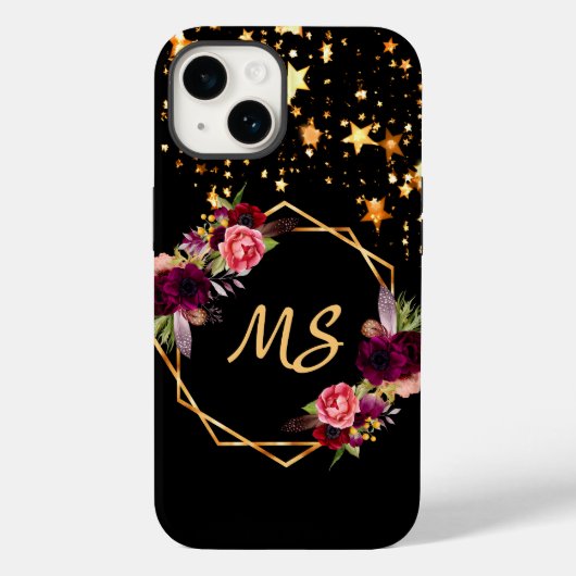 Zwarte goudsterren bloemen bogundy monogram Case-Mate iPhone case (Achterkant)