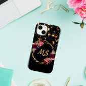 Zwarte goudsterren bloemen bogundy monogram Case-Mate iPhone case