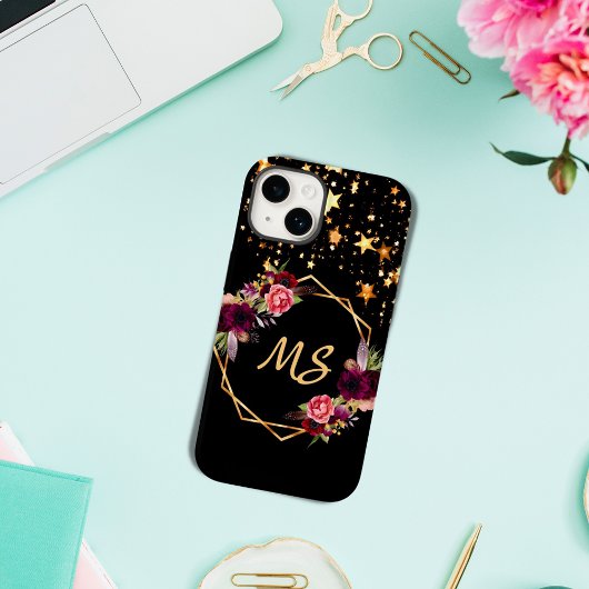 Zwarte goudsterren bloemen bogundy monogram Case-Mate iPhone case