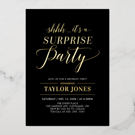 Zwarte & goudverassingsmijlpaal op zaterdag folie uitnodiging (Voorkant)