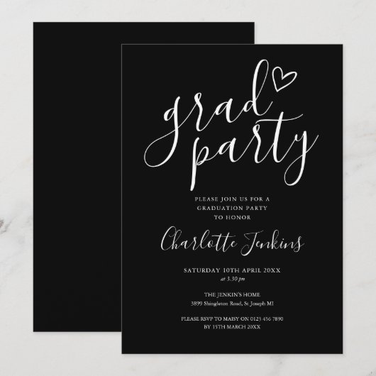 Zwarte Grad Party Script Heart Afstudeerfeest Kaart (Voorkant / Achterkant)