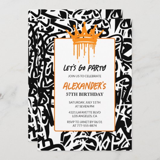 Zwarte Graffiti 57e verjaardagsuitnodiging Mannen  Kaart (Voorkant / Achterkant)