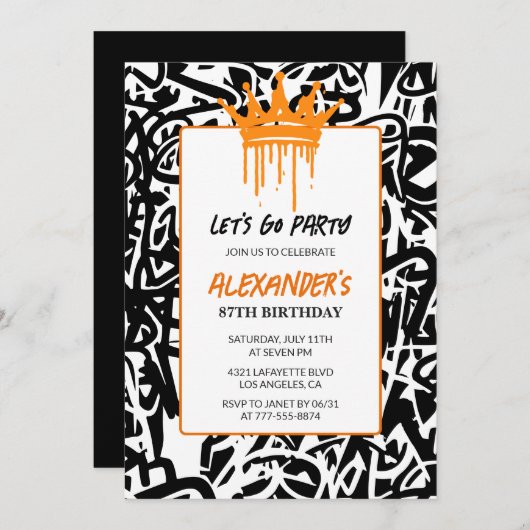 Zwarte Graffiti Mannen 87ste verjaardagsuitnodigin Kaart (Voorkant / Achterkant)