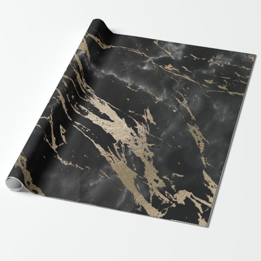 Zwarte Grafiet Deluxe Gold Marble Shiny Glam Cadeaupapier (Uitgerold)