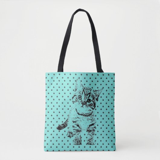 Zwarte grafische pen met kat tote bag (Voorkant)