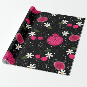 Zwarte granaatappel fruit kersen bloemenmadeliefje cadeaupapier