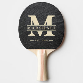 Zwarte granieten stenen monogram en naamoverlay tafeltennisbatje