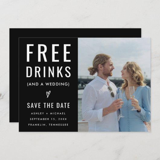 Zwarte Grappige Gratis Drankjes Foto Qr Code Bruil Save The Date (Voorkant / Achterkant)