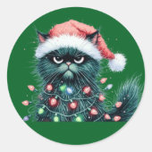 Zwarte grappige kerstkat ronde sticker (Voorkant)