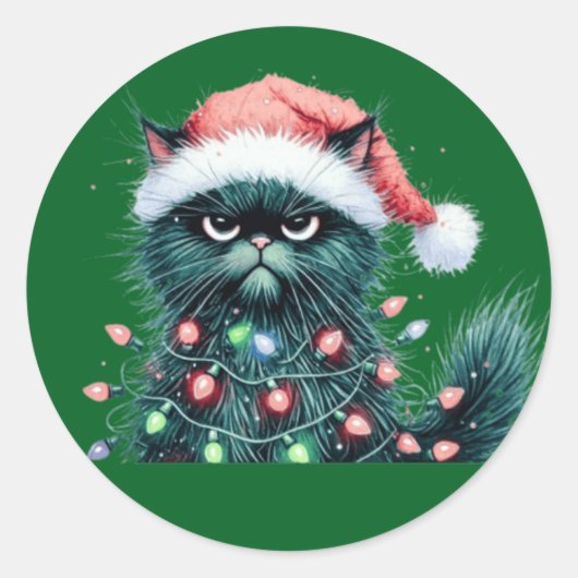 Zwarte grappige kerstkat ronde sticker (Voorkant)