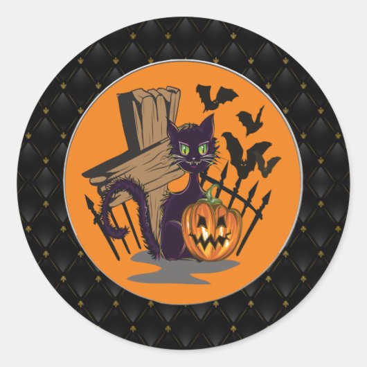 Zwarte Grat Zwarte Kat Tombstone Bats Halloween Ronde Sticker (Voorkant)
