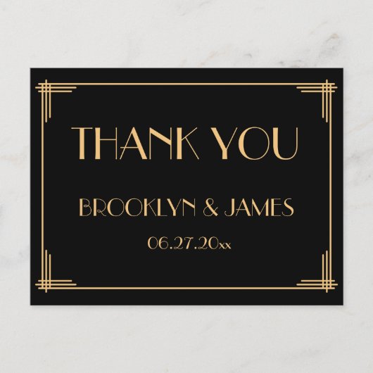 Zwarte Great Gatsby Art Deco Trouw Dankjewel Briefkaart (Voorkant)