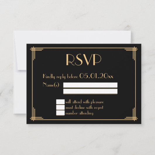Zwarte Great Gatsby Art Deco Trouw RSVP Kaart (Voorkant)
