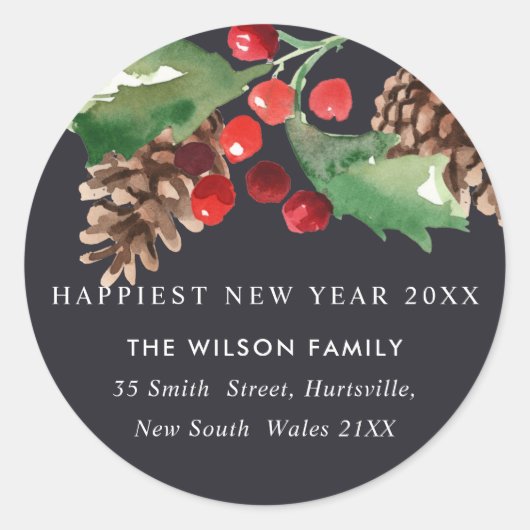 ZWARTE GREEN HOLLY BERRY PINE CONE NIEUW JAARADRES RONDE STICKER (Voorkant)