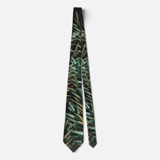 Zwarte Greenery Palms & Gold Tropical Wedding Stropdas (Voorkant)