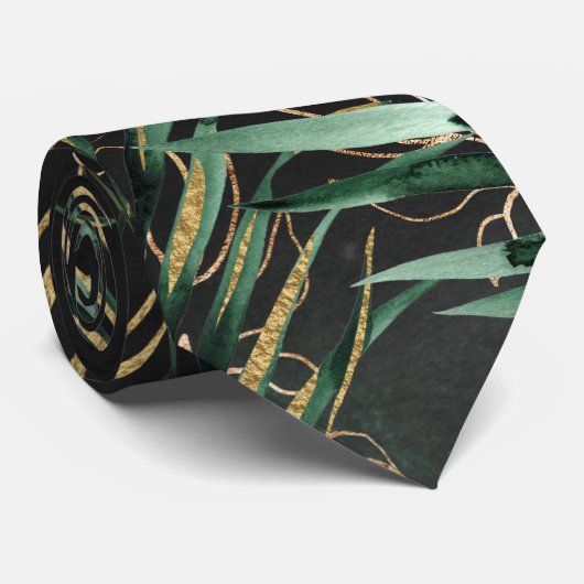 Zwarte Greenery Palms & Gold Tropical Wedding Stropdas (Opgerold)